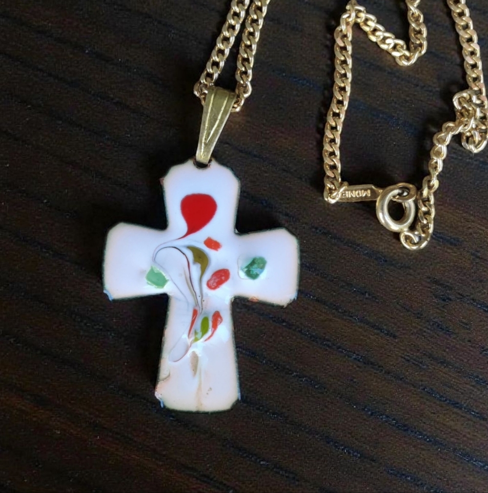 Vintage Artisan Painted Copper Cross Pendant Necklace